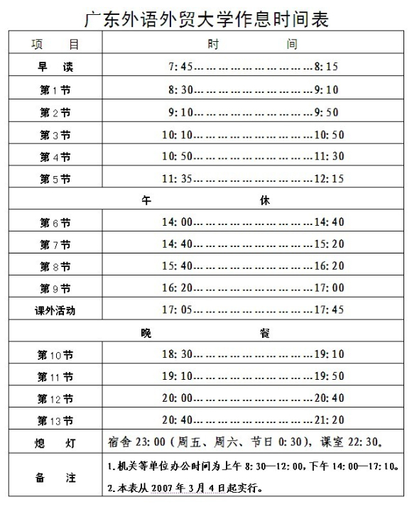 广东外语外贸大学上课时间表