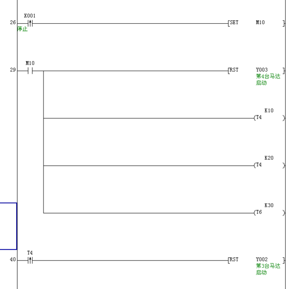 plc编程实例4台电动机的顺序启动逆序停止 梯形图