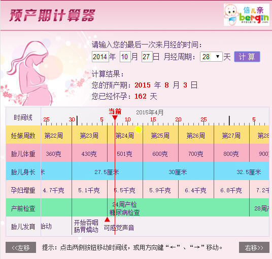 我怀孕了是2014年阳历10月27号来的最后一次月经预产期是什么时候