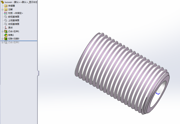2013-09-04 solidworks中 55圆锥内管螺纹没有专门的模板。具体画法如下: 1.新建实体。 2.建立扫描轨迹和扫描轮廓,如下图左侧模型树中所示。单击扫描切除,依照提示选择扫描轨迹和扫描轮廓。 该步骤的关键在于,建立螺旋扫描轨迹时,对螺旋线设置锥度,锥度值与螺纹锥度相同。螺旋扫描轮廓和螺纹压型相同。 3.