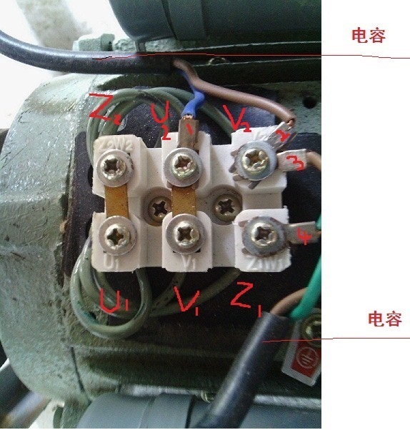 二个电容,4个线头1.2.3.4.电机接线桩u1.v1.z1.z2.u2.v2.