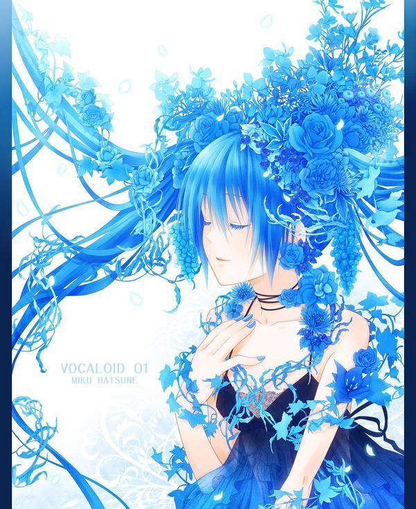 背景是蓝色蔷薇花的动漫少女图片
