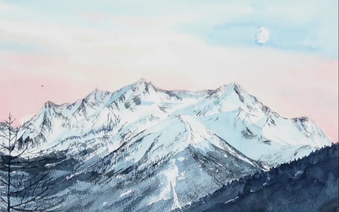 【水彩风景绘画】如何画出不一样的粉红天空雪山水彩风景画(将南水彩)
