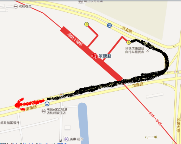 从滨康路东到地铁一号线滨康路站有两种走法,第一种如上图2所示,沿着k