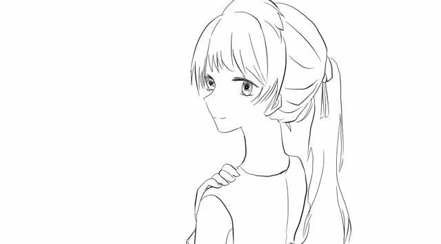 绘画可爱的单马尾少女与麻雀卡通简笔画