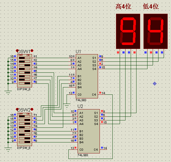 用两片74ls83构成8位二进制数加法器,用proteus实现 怎么画 指点