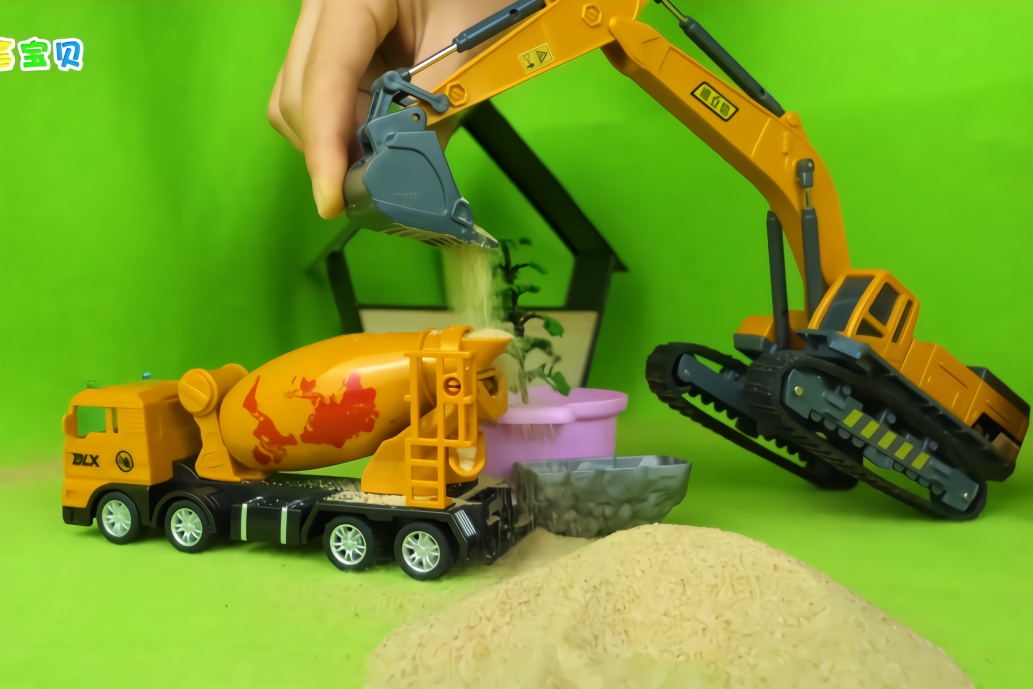 视频:儿童早教挖掘机,大卡车,水泥搅拌车在施工
