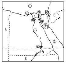 读埃及地图回答:(10分)(1)填出图中代码所代表的事物名称:(每空1分)