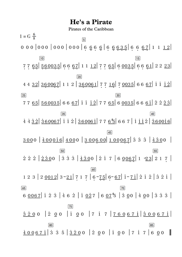 求he"s a pirate victory数字的简谱,不要五线谱.