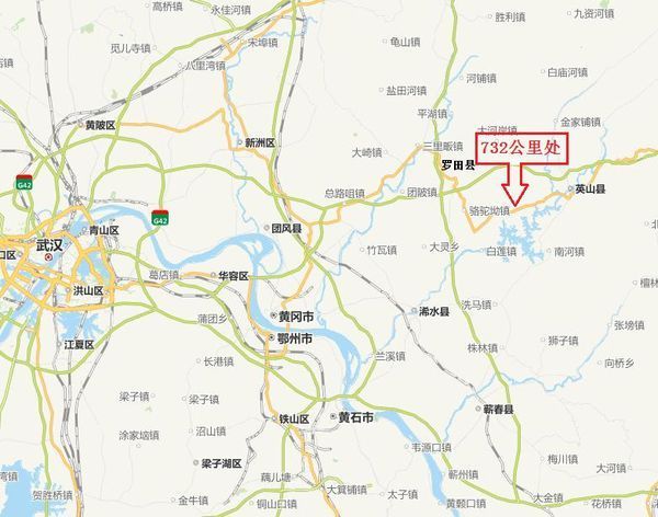 沪聂线732公里是在 湖北省 黄冈市 英山县与罗田县之间,如图所示位置