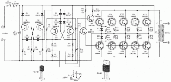 车载12v逆变器电路图-500w 12v转220伏逆变器电路图-全晶体管逆变器