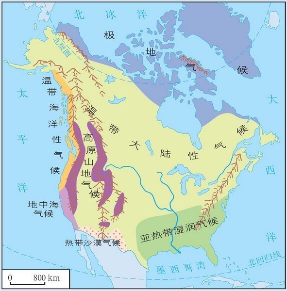 的地中海气候和温带海洋性气候,美国本土的西南部地区和墨西哥相连