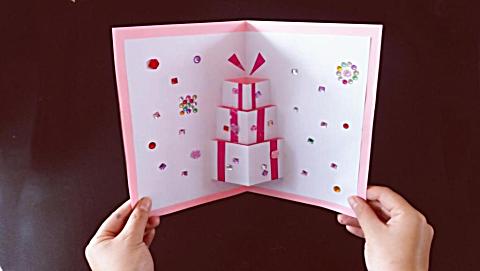 简单漂亮的生日立体折纸贺卡, 打开有漂亮的礼物, 手工创意视频