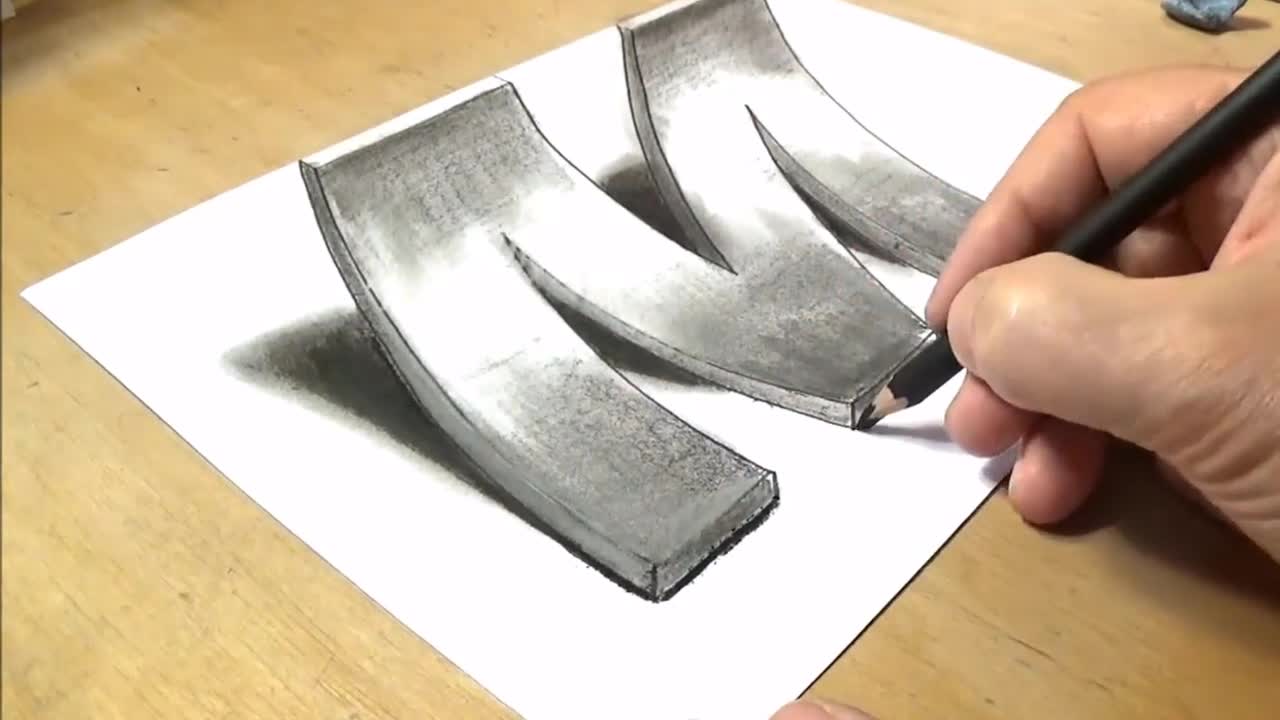 零基础3d立体画入门 用一支铅笔,画个3d立体字母m 第二集