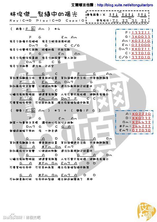 裂缝中的阳光 吉他简谱. 【并教教我怎么看】谢谢!