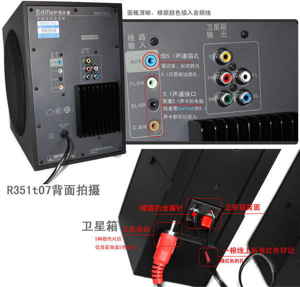 漫步者r351t07这款音箱怎么连接电脑线怎么插