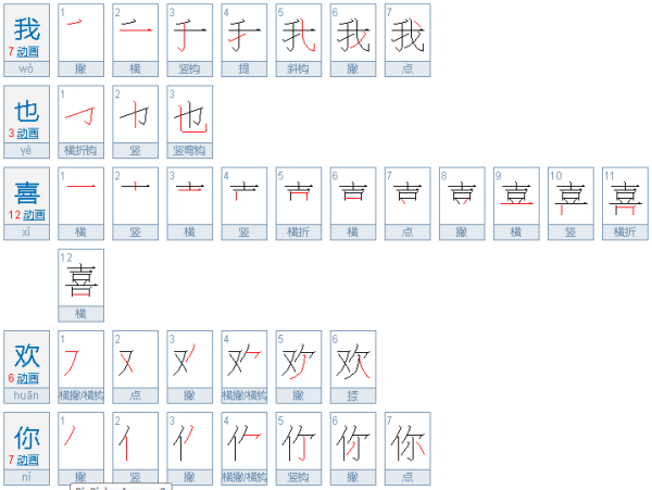 这是五个字的笔画:我也喜欢你. 1,撇横竖勾提弯钩撇点:我.