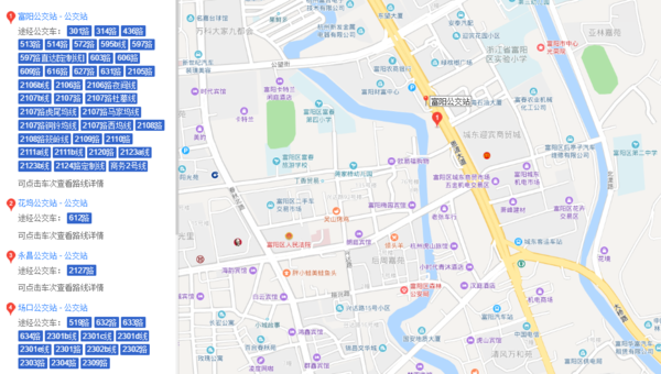 杭州没有579路公交车,有597路停在富阳公交站,具体位置和路线如图所示