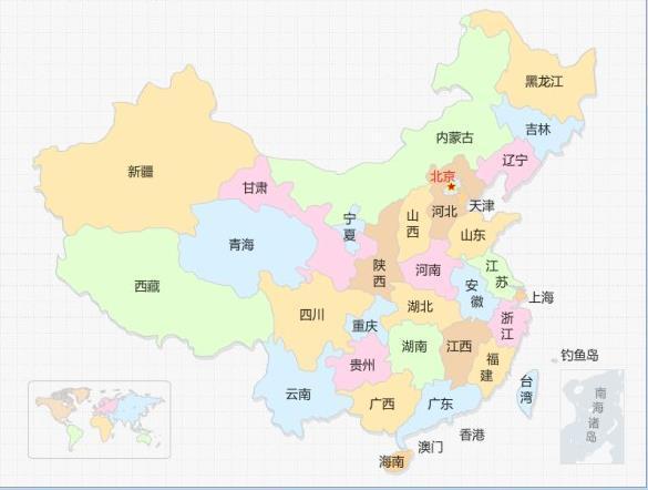 求一张简洁的中国地图,只需标注省份和省会,各省份有不同的颜色