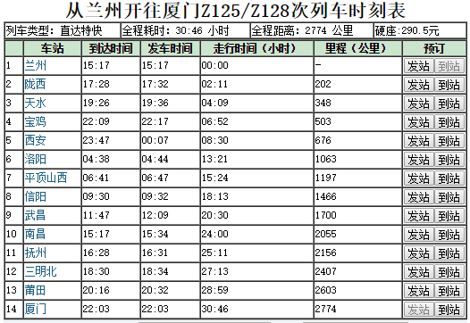 20 西安到莆田只有一趟列车,为z125/z128次,途经站分别有:西安-洛阳