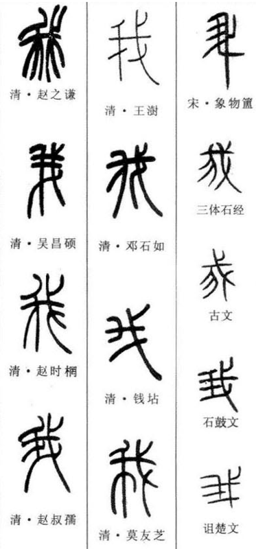 [我]字历代名家名帖的篆体写法.如图