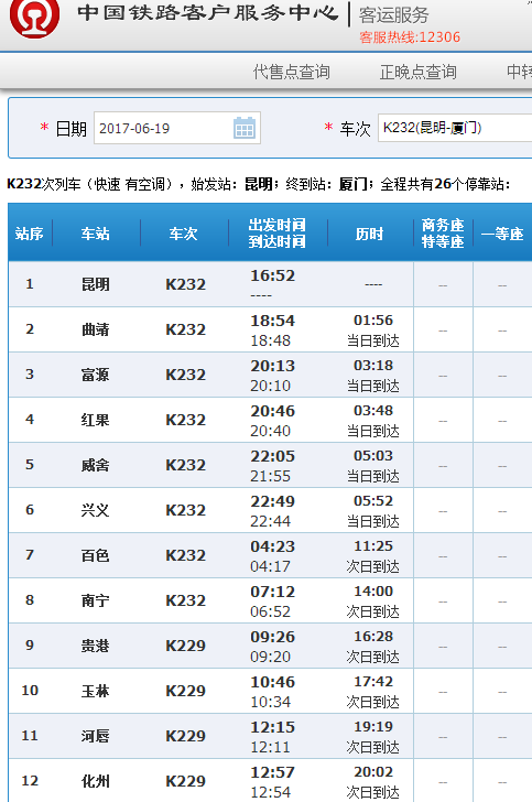 昆明到厦门的k299 k232是不是同一辆火车?