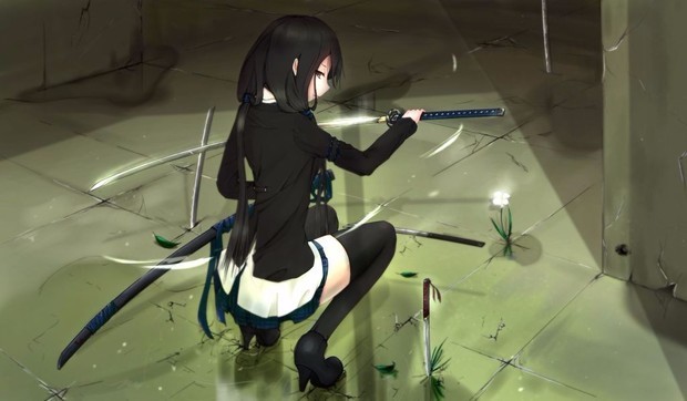 求手拿武士刀的黑长直二次元电脑壁纸.