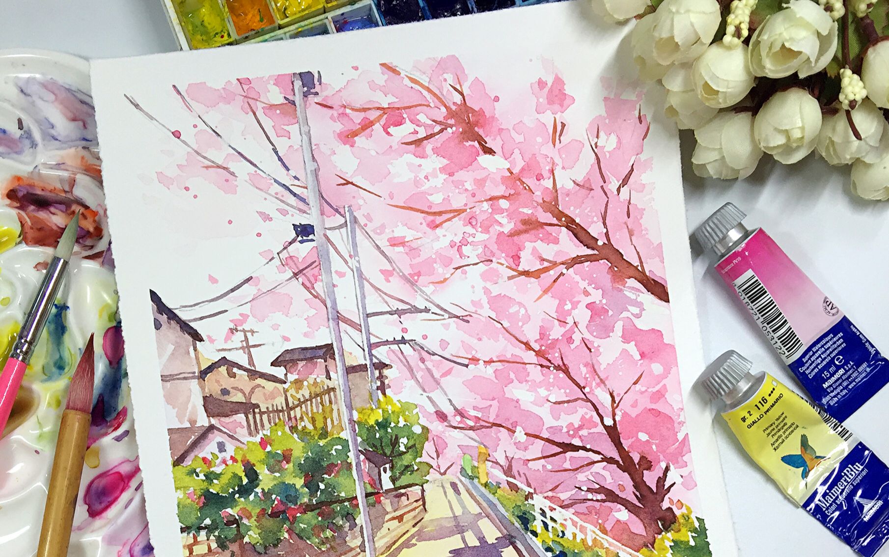 水彩过程 水彩风景之樱花街道~微博:娜naland
