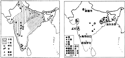 读"印度部分工业和工农业原料分布图,回答问题