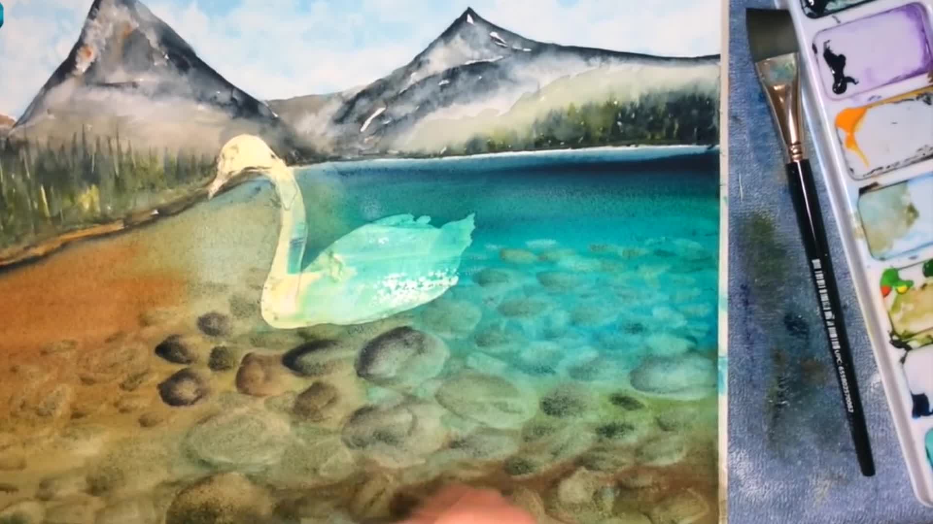 水彩画欣赏:清澈碧绿的湖水 洁白的天鹅