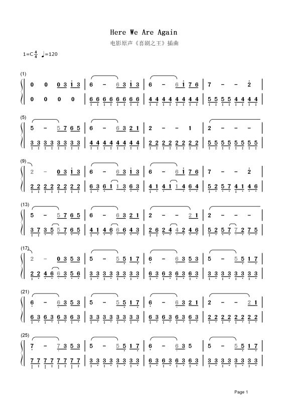 求《here we are again》简谱,就是喜剧之王中的插曲