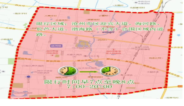 限行区域:沧州市区迎宾大道,海河路,长芦大道,渤海路(不含)合围区域