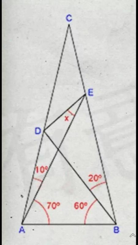等腰三角形abc,顶角威20度,求x的角度