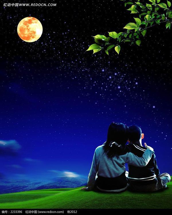 有没有两个人坐在草地上看月亮的图片?