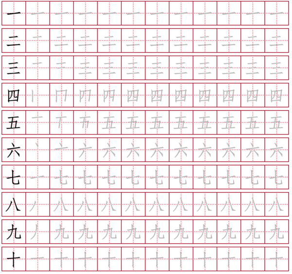 一二三四五六七八九十在田字格里面怎么写