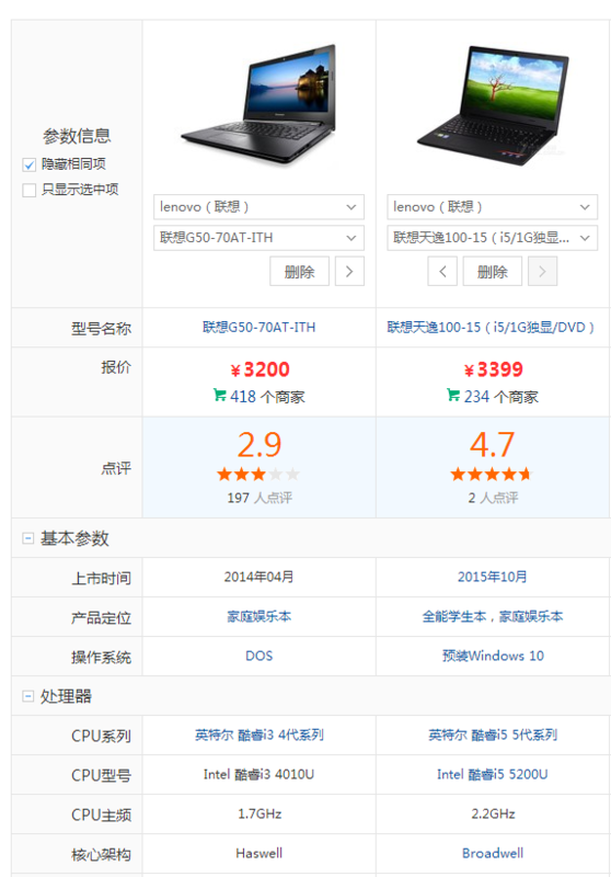 我想买笔记本,lenovo g50-70mb-ith与联想天逸100-15英寸(i3 1g独显