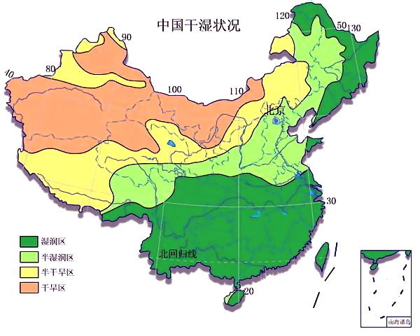 中国的干湿地区划分  一个地区的干湿状况是与该地降水量的多少和