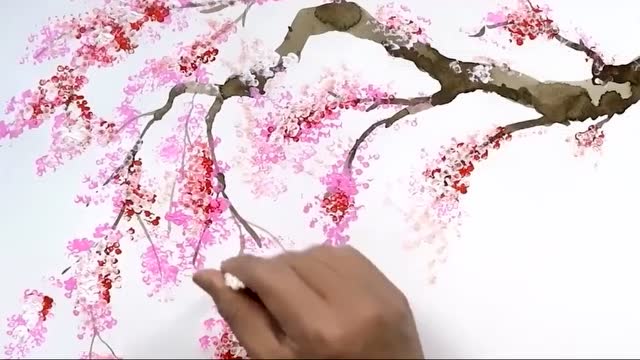 水彩绘画,用棉签进行创意樱花树绘画,喜欢的收藏了艺术画吧