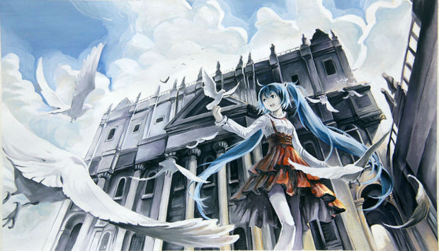 一张初音未来的壁纸 上面有鸽子在旁边飞