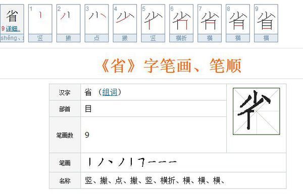 汉字    省  读音    shěng xǐng     部首    目     笔画数    9