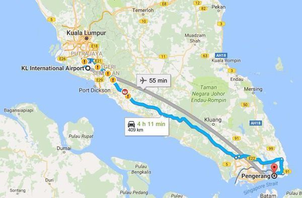 吉隆坡机场到柔佛州边加兰镇有多远?