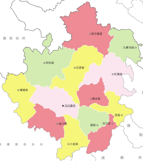 截至2019年6月,阿坝藏族羌族自治州下辖12个县,1个县级市,分别是