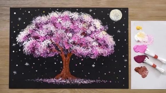 水彩教程,教你用颜料笔绘画出漂亮的樱花树