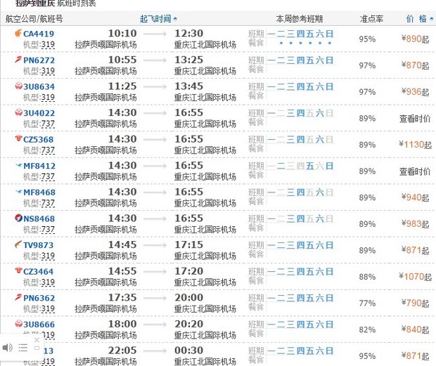 拉萨到重庆的机票最便宜