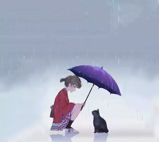 小女孩撑着伞下着雨和一只猫的情头后来猫变成人亲了一下那个女生的