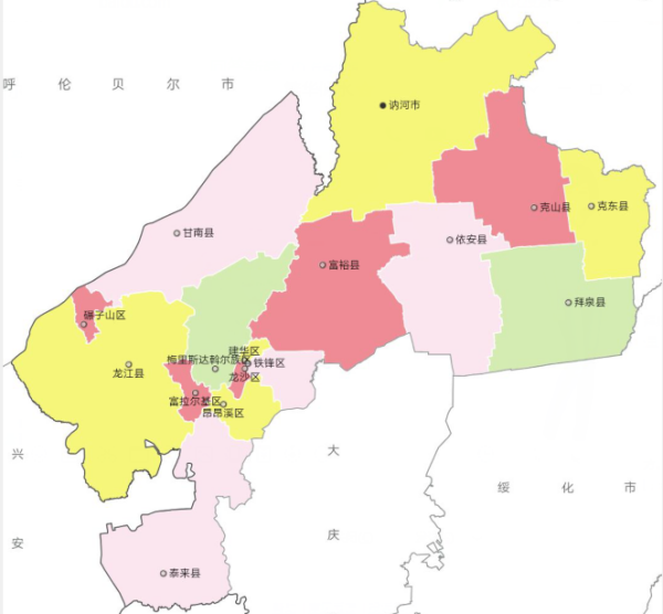 建华区,铁锋1653区,富拉尔基区,昂昂溪区,碾子山区,梅里斯达斡尔族区