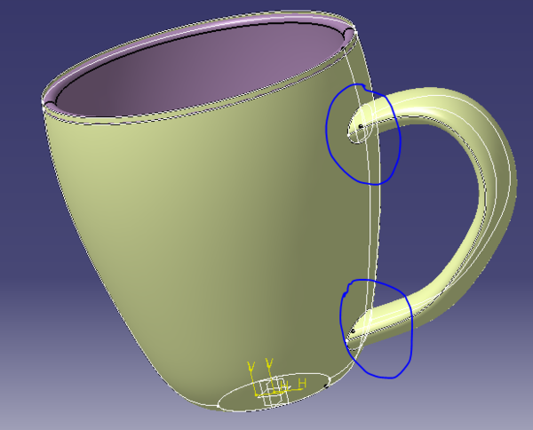 catia 请问如何在茶杯的手把和杯体中做圆角?