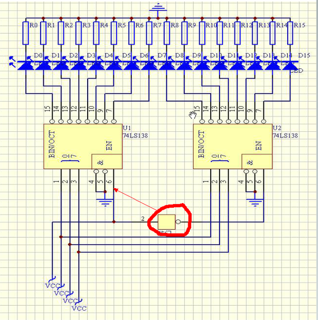 将两个集成芯片74ls138组合成一个4线—16线译码器的电路图.