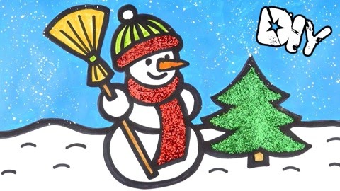儿童绘画启蒙:绘画闪光雪人和圣诞树场景画,儿童水彩画