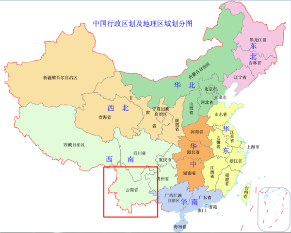 云南在中国的西南方,在地图上的位置如下